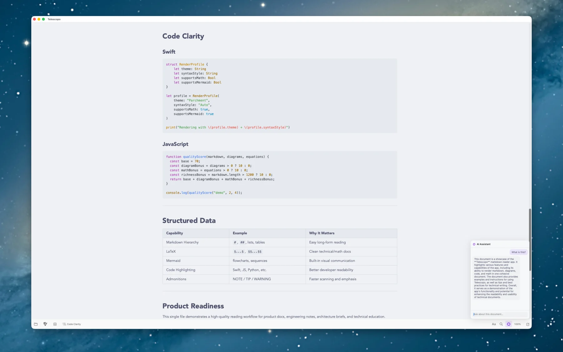 Telescopo Markdown Studio local AI assistant analyzing a Markdown document on Mac