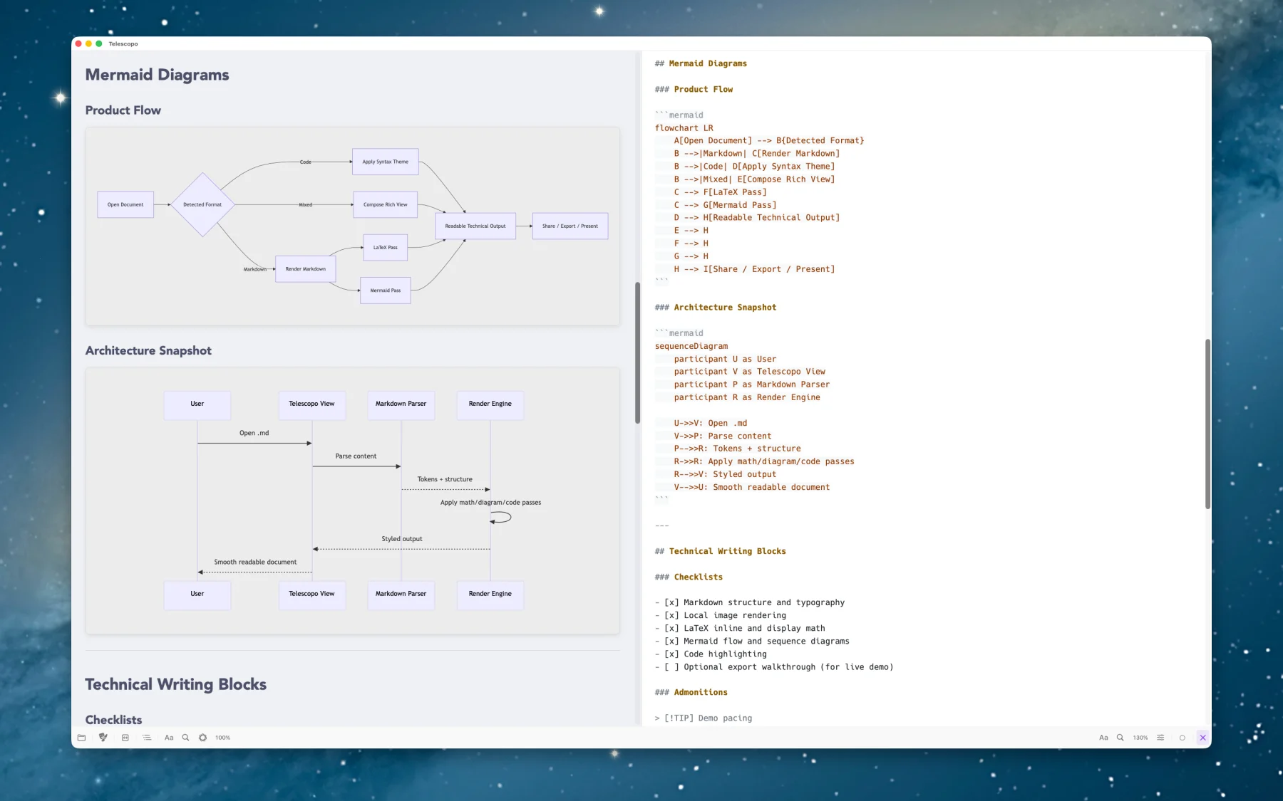Telescopo Markdown Studio rendering Mermaid diagrams beside live Markdown source