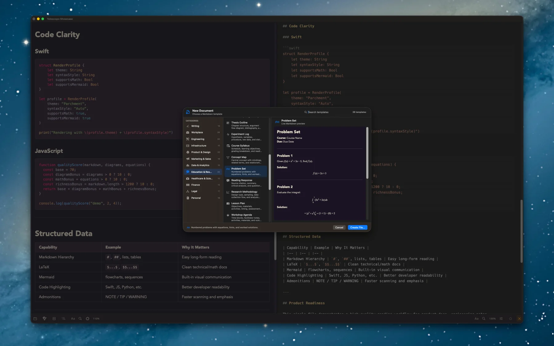 Telescopo Markdown Studio new document template chooser with Markdown starter templates