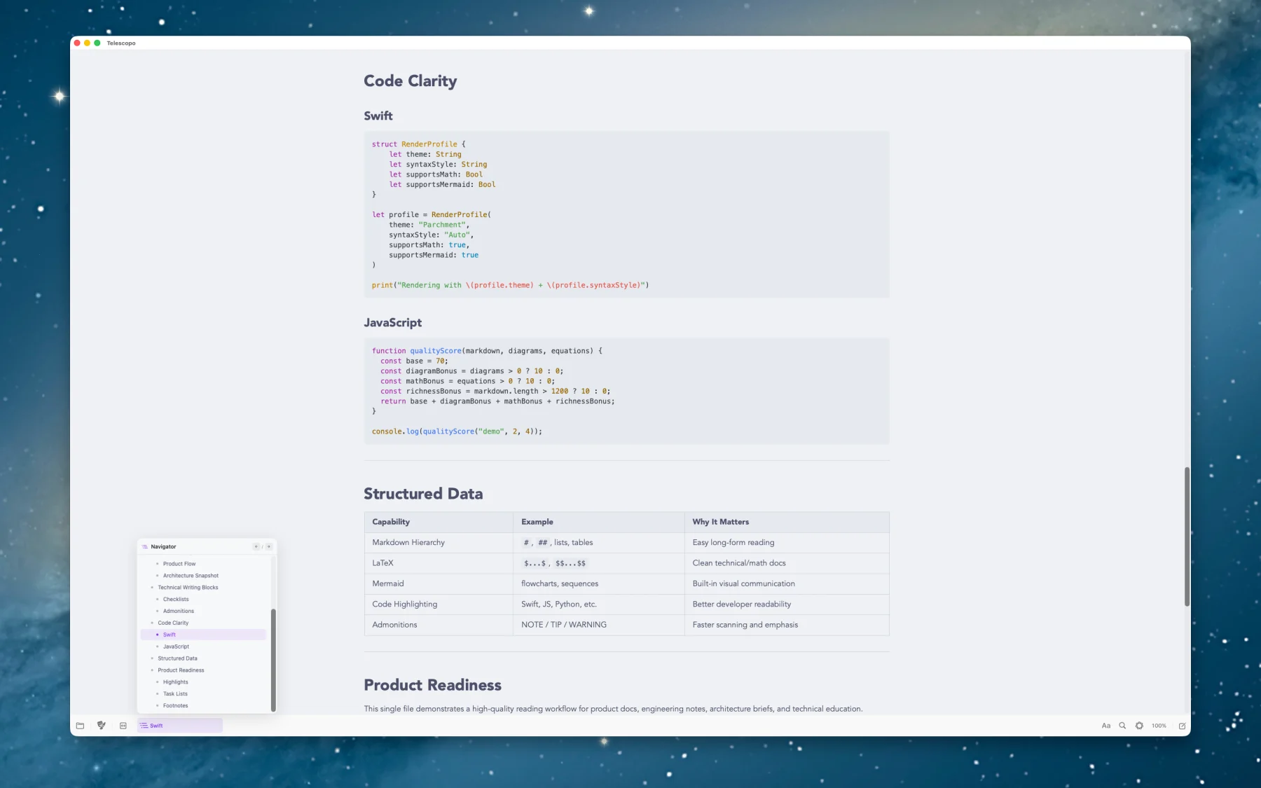 Telescopo Markdown Studio Section Navigator for moving through Markdown document sections