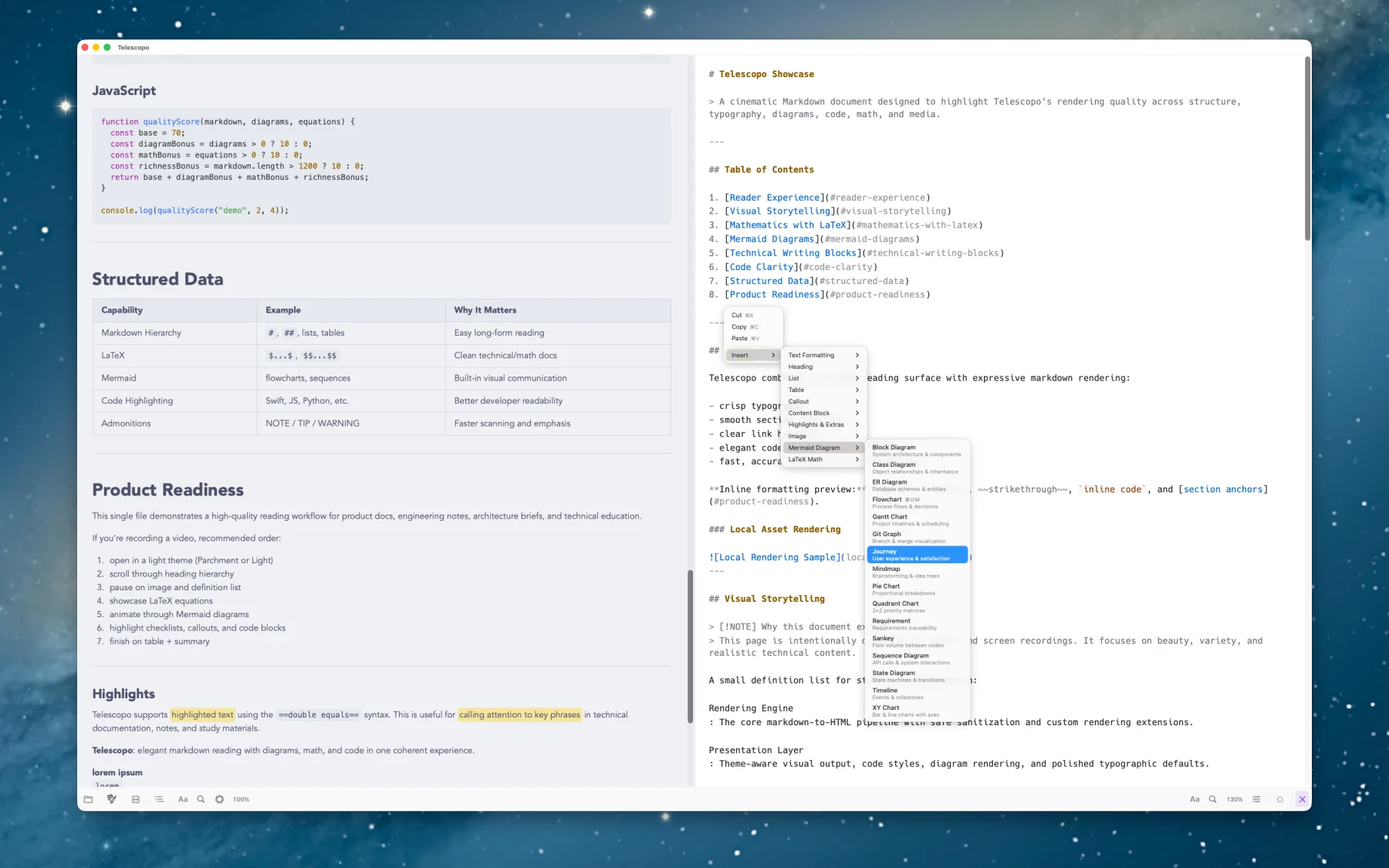 Telescopo Markdown Studio split editor with quick inserts for Markdown, Mermaid diagrams, and math