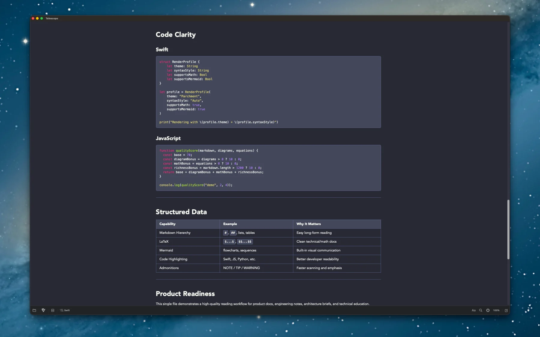 Telescopo Markdown Studio showing readable Markdown tables and theme-aware code highlighting
