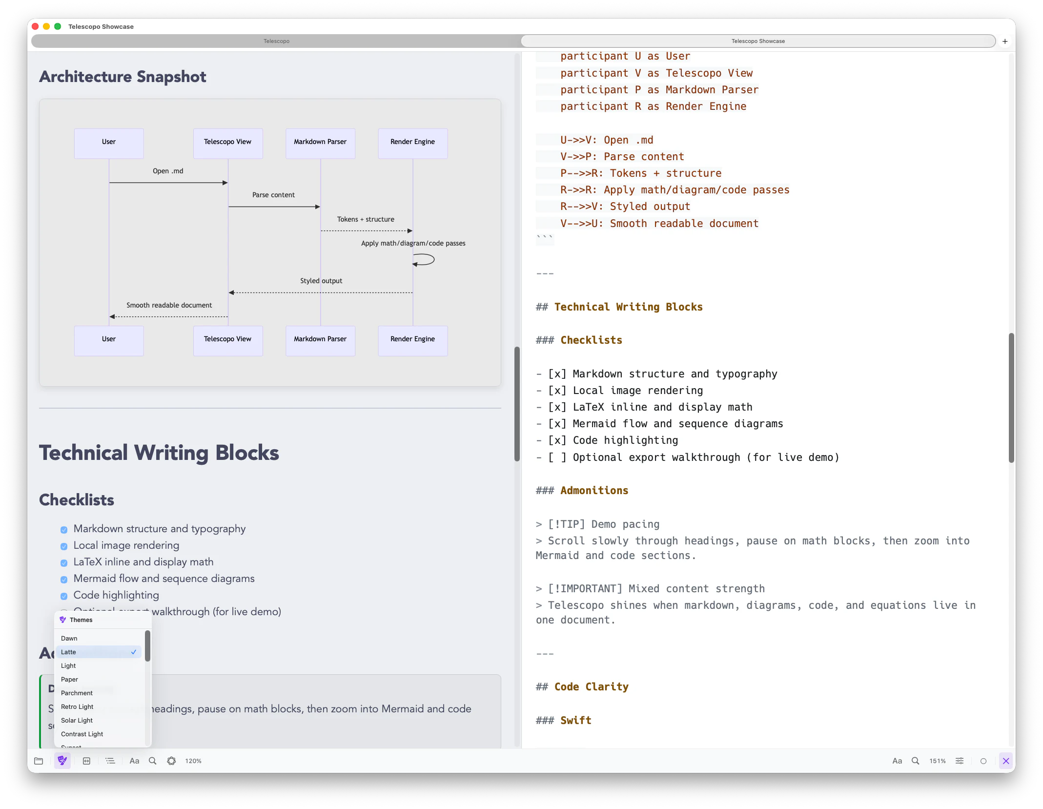 Telescopo Markdown Studio Latte theme selector and split editor preview