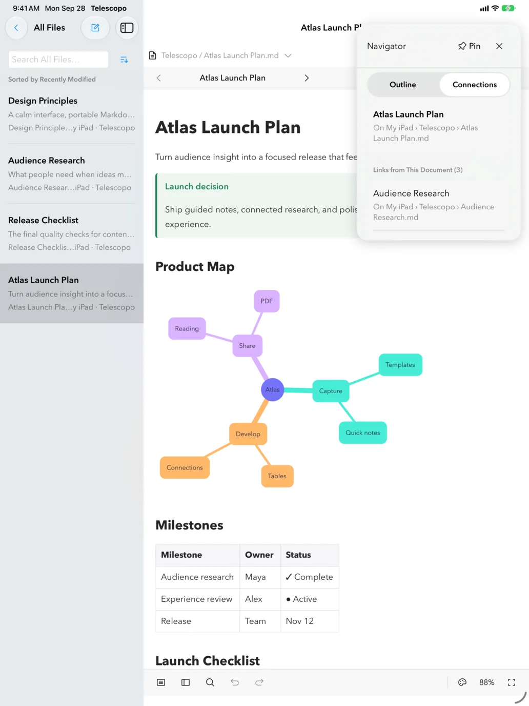 Telescopo on iPad showing a project plan, mind map, and linked notes
