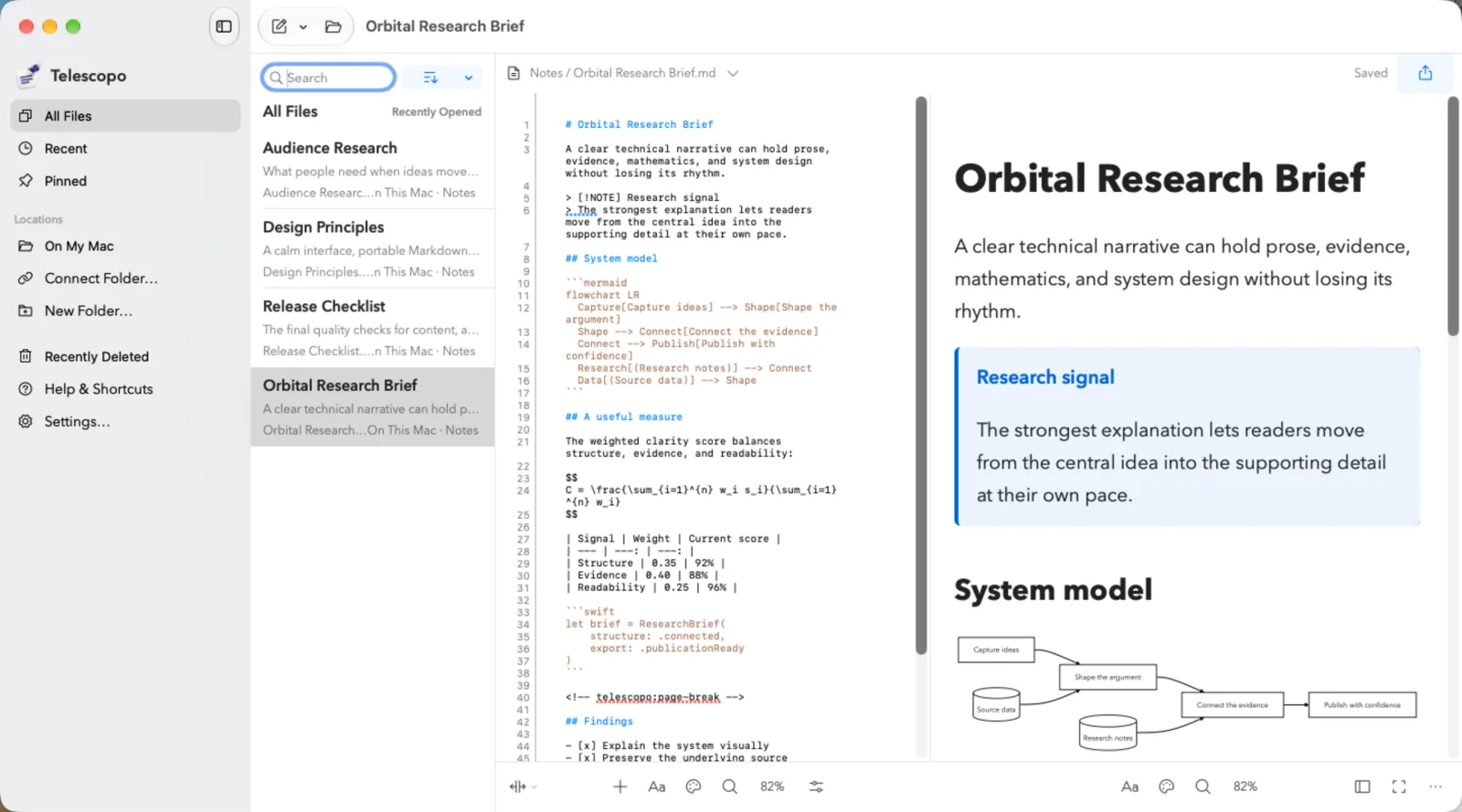 The new Telescopo on Mac, with a note library, Markdown source, and rendered document side by side